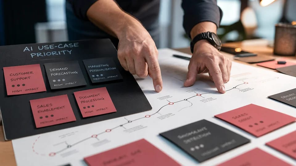 Close-up of an AI consulting roadmap and prioritized use-case cards on a workshop desk