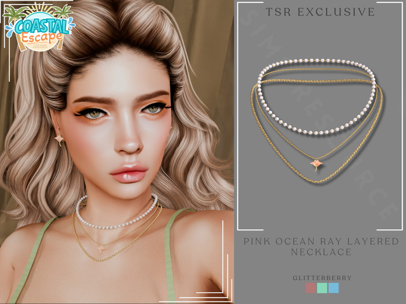 Sims 4 Coastal Escape - Pink Ocean Ray Layered Necklace by Glitterberryfly