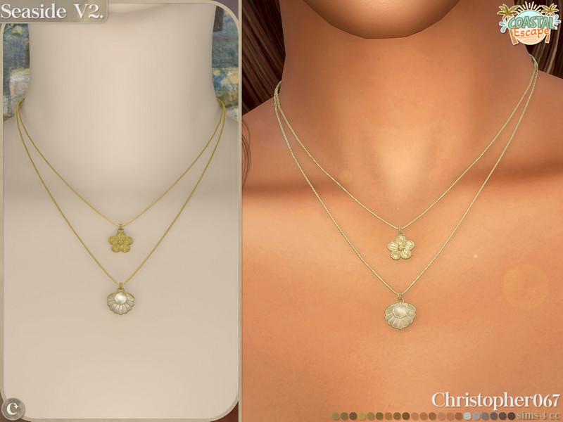 Sims 4 Seaside Necklace V2 - Seashell and Flower Charm Layered Necklaces by christopher067