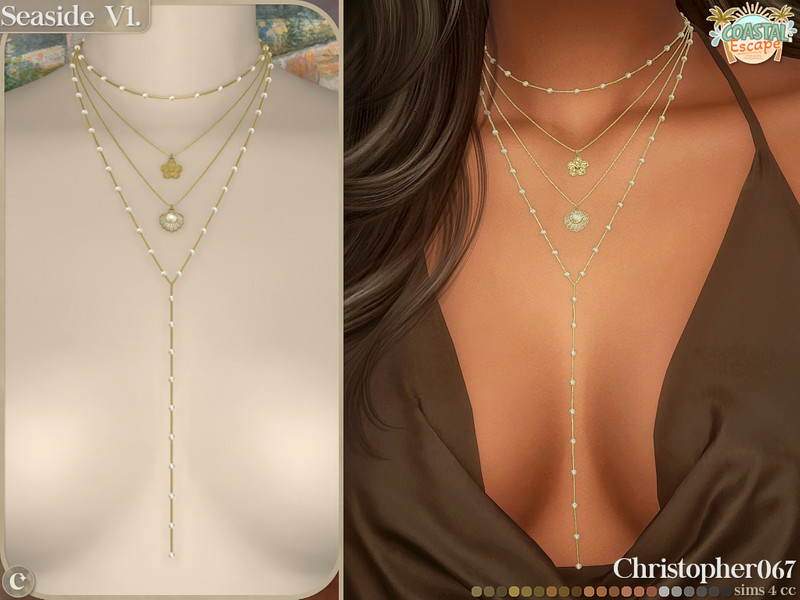 Sims 4 Seaside Necklace V1 - Pearl Bead Seashell and Flower Charm Layered Necklaces by christopher067