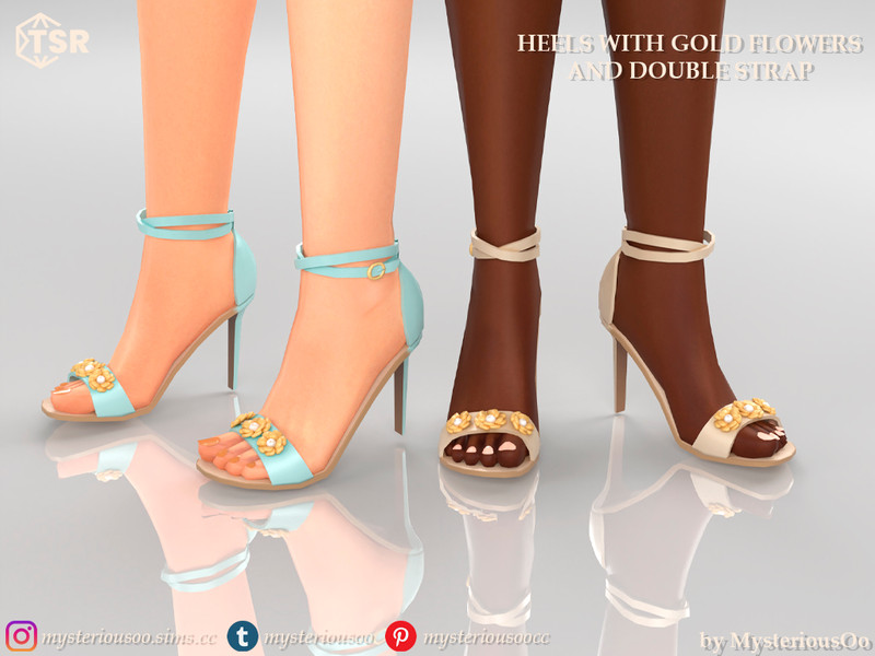 Sims 4 Heels with gold flowers and double strap by MysteriousOo