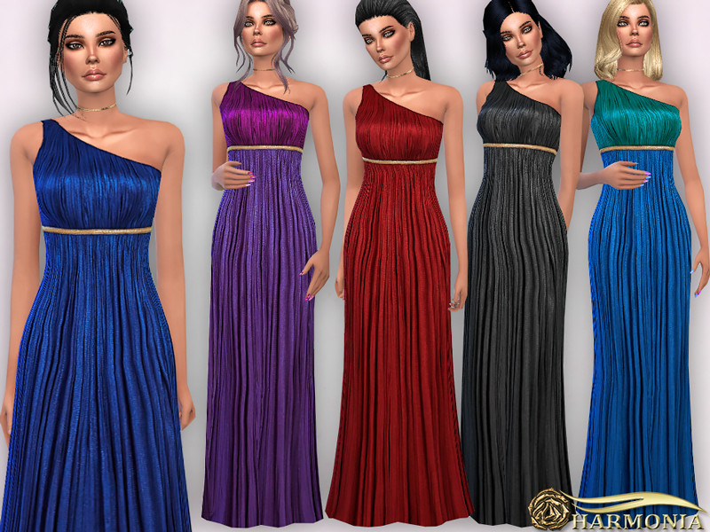 Sims 4 One Shoulder with Golden Belt Maxi Dress by Harmonia