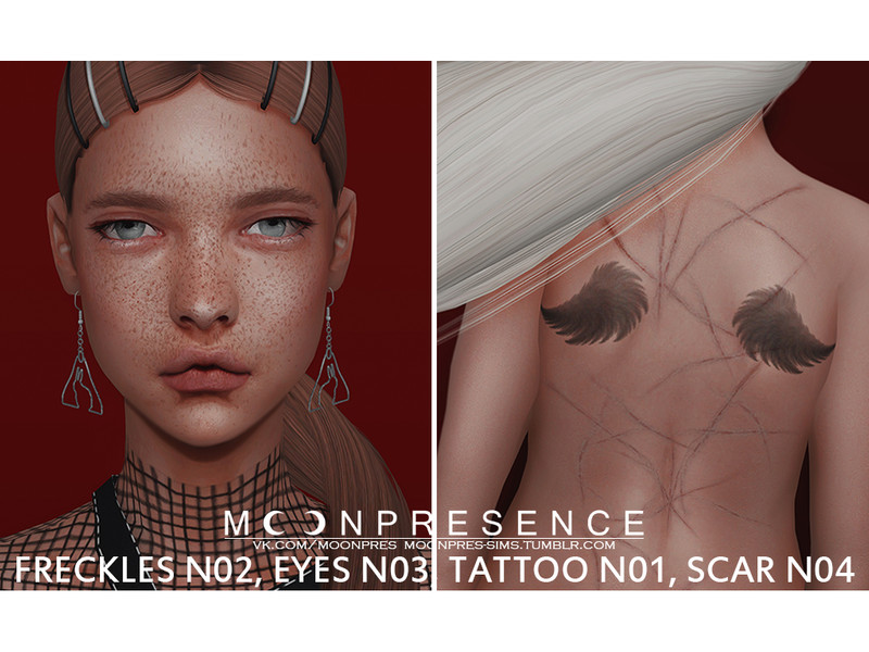 Sims 4 Freckles N02, Eyes N03, Tattoo N01, Scar N04 by Moon Presence