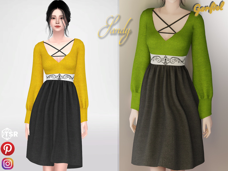 Sims 4 Sandy - Dress with ribbons and an ornament on the belt by Garfiel