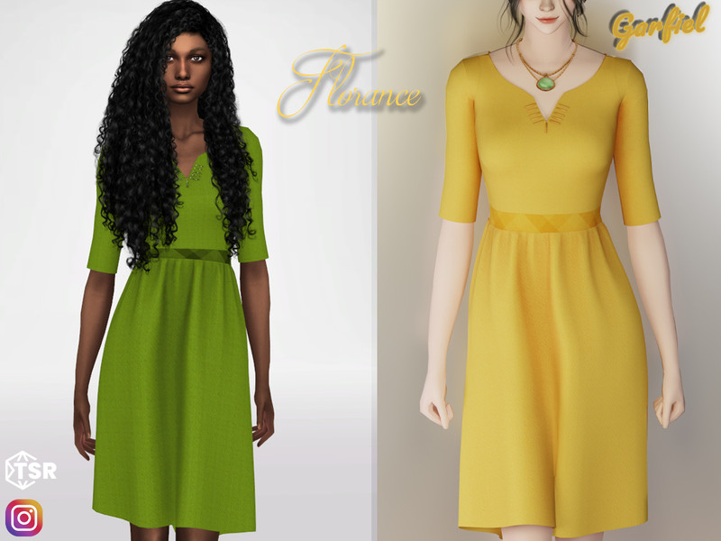 Sims 4 Florance -Simple dress with shiny inserts and checkered belt by Garfiel