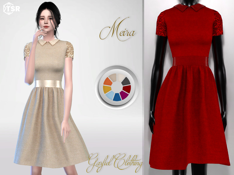 Sims 4 Meira -  Dress with lace sleeves and glittery belt by Garfiel
