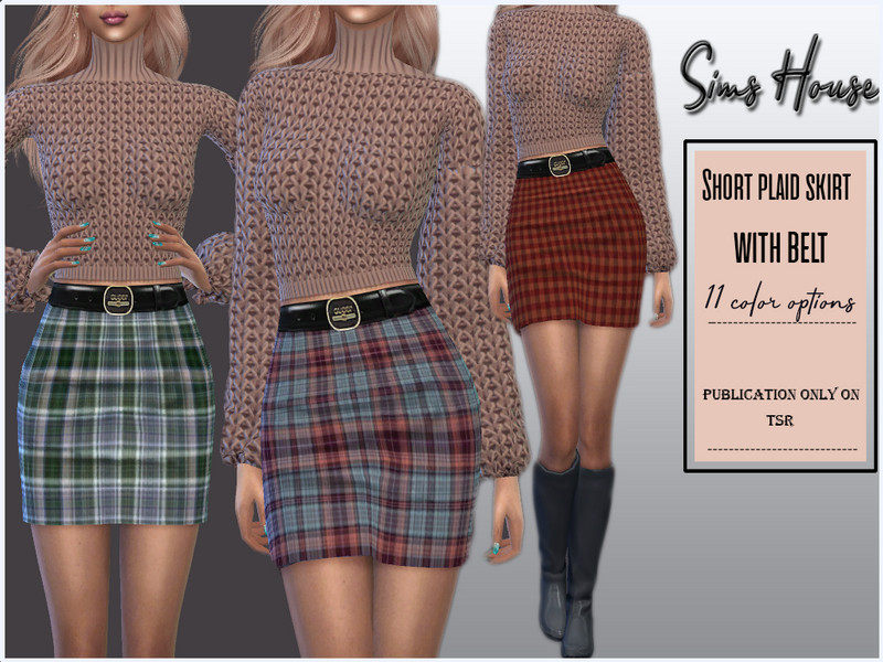 Sims 4 Short plaid skirt with belt by Sims House