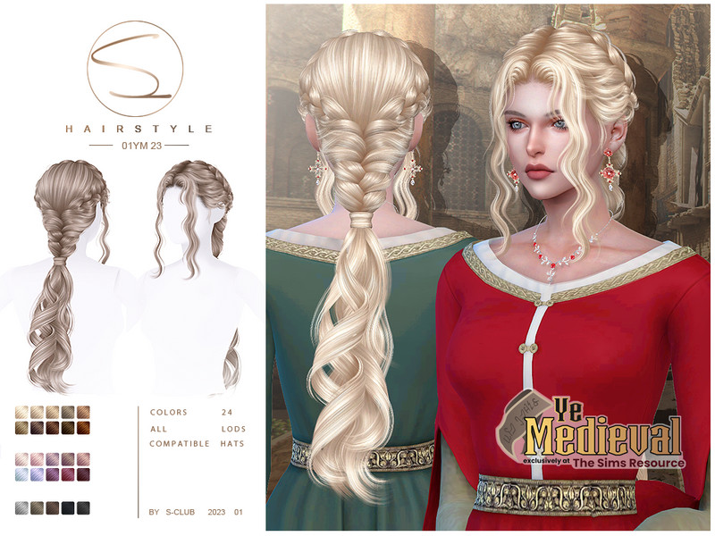 Sims 4 Ye Medieval curly braid hairstyle 01YM23 by S-CLUB by S-Club