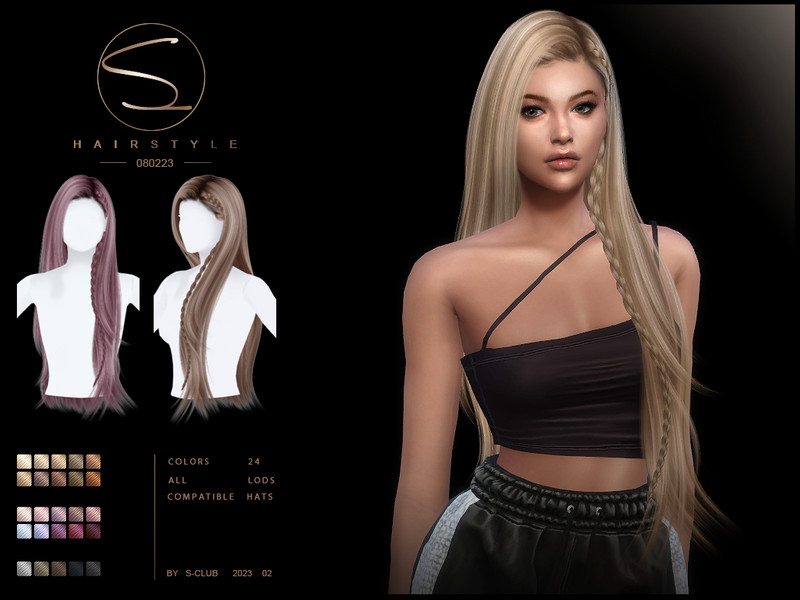 Sims 4 Long straight hair with braid(Aline) by S-CLUB by S-Club
