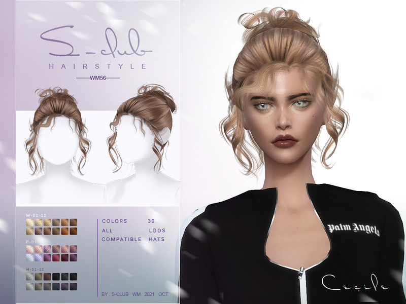 Sims 4 Curly bun hairstyle (Cecile) by S-Club by S-Club