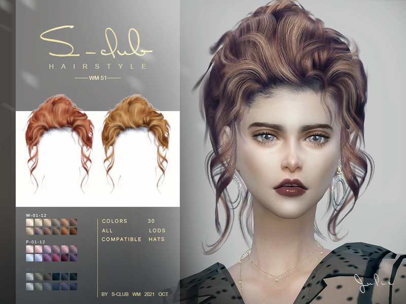Sims 4 Curly bun hairstyle (Julie) by S-Club by S-Club