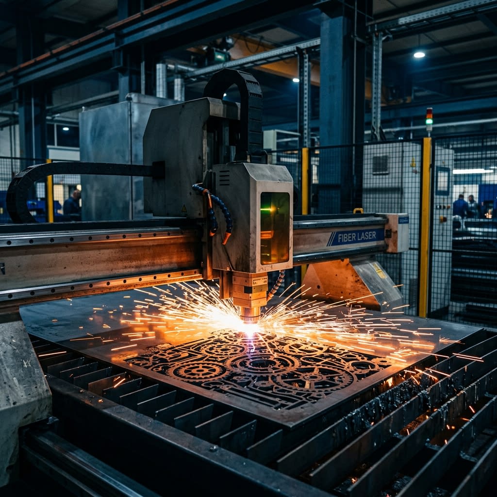 CNC fiber laser cutting machine cutting a steel sheet at RG Tech Engineering, Chennai