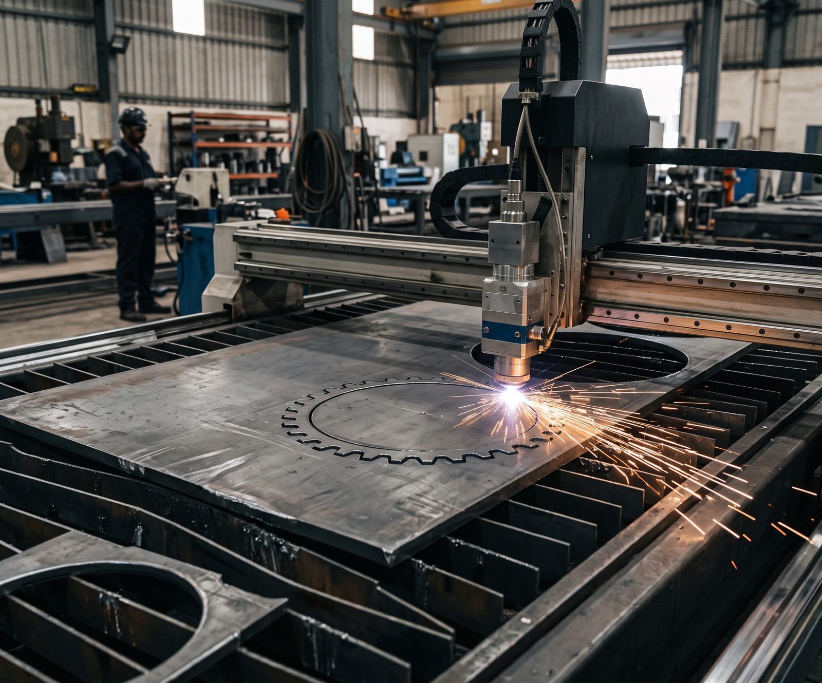 CNC fiber laser cutting a gear profile out of thick mild steel plate on the machine bed — Mild Steel Laser Cutting Services in Chennai | RG Tech Engineering