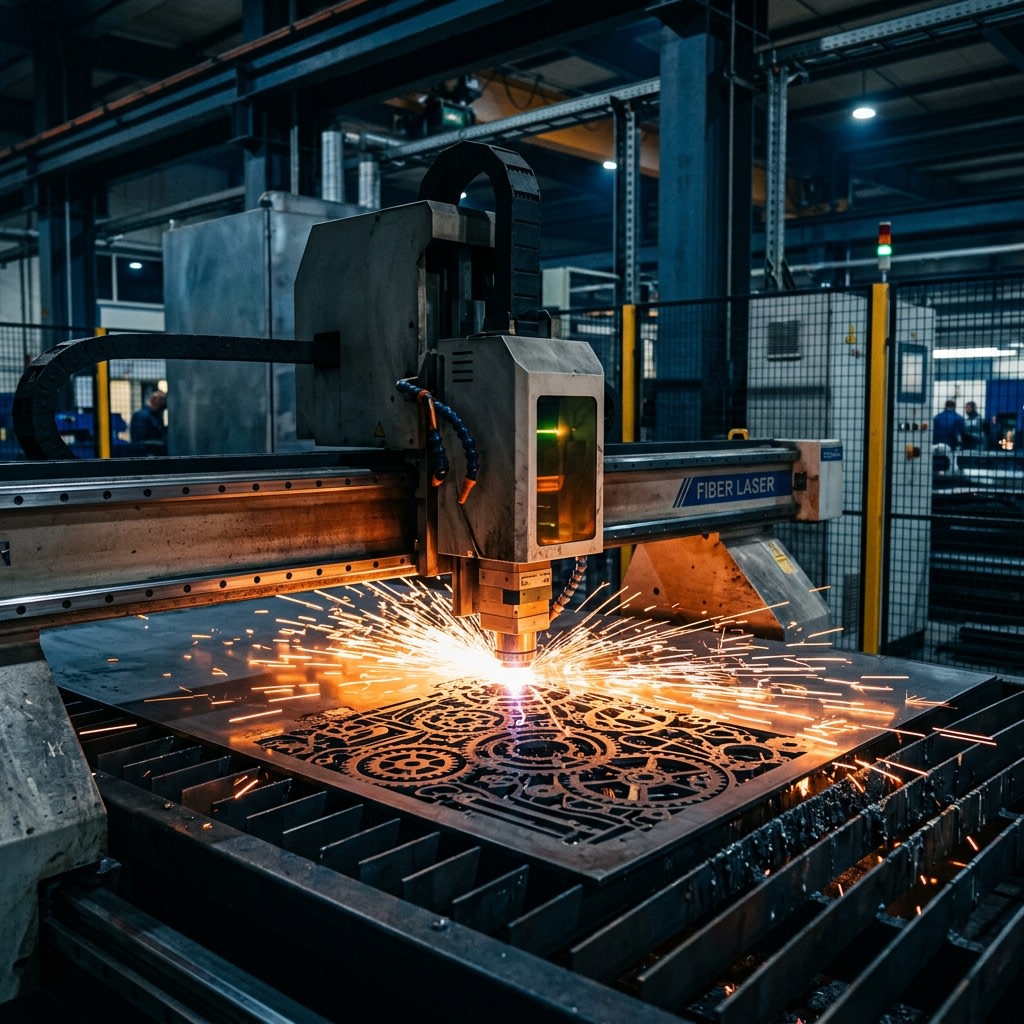 CNC fiber laser cutting machine cutting a steel sheet at RG Tech Engineering, Chennai