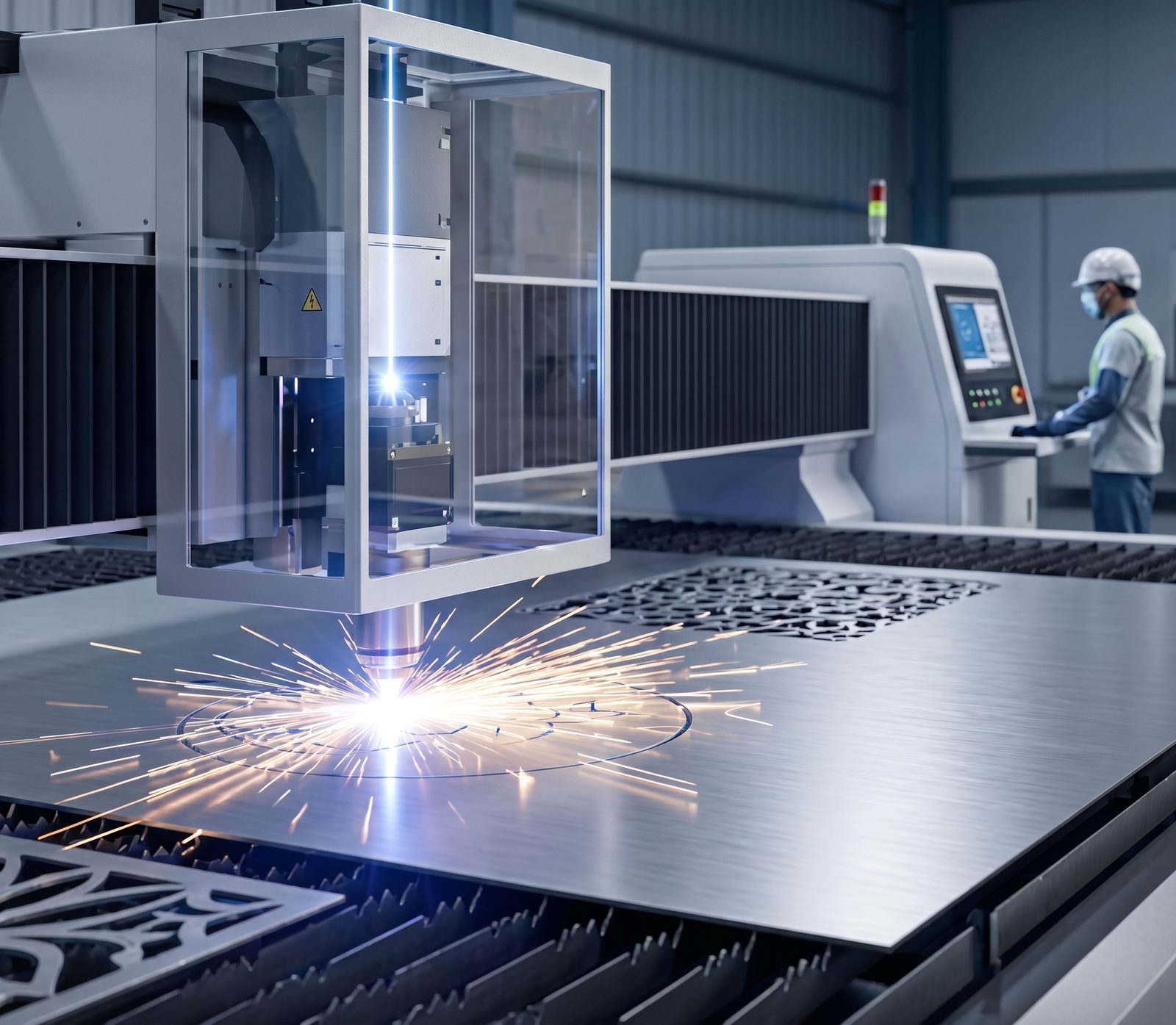 CNC fiber laser cutting head slicing an aluminum sheet, sparks fanning across the bed - Aluminum Laser Cutting Services in Chennai | RG Tech Engineering
