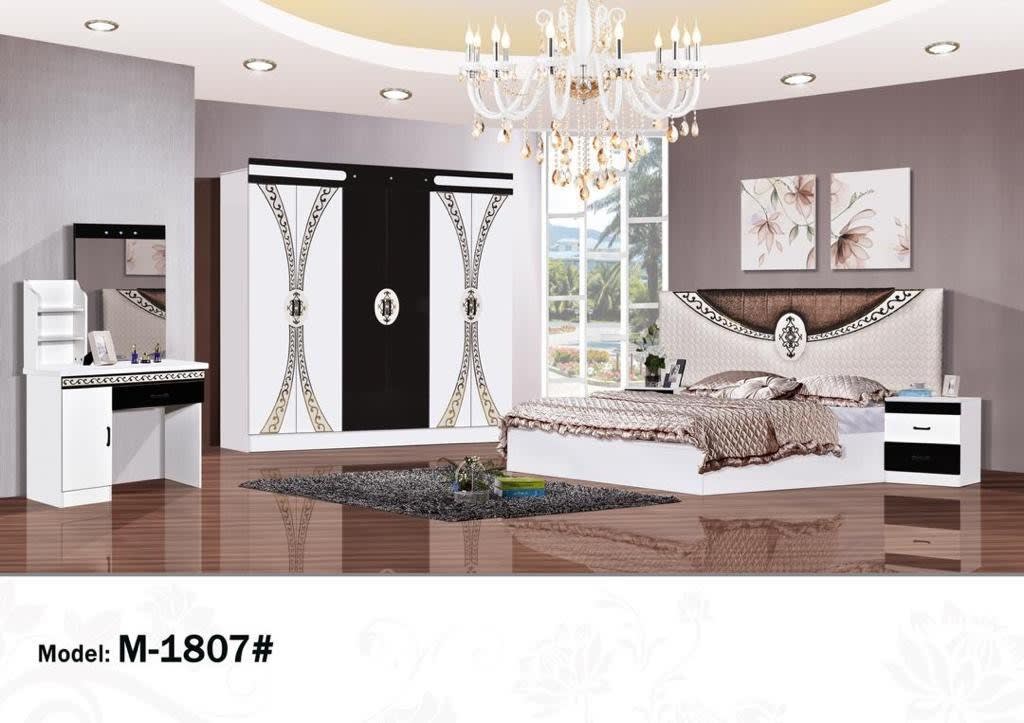Ensemble chambre 4 pièces blanc/noir - lit, armoire, chevet, coiffeuse