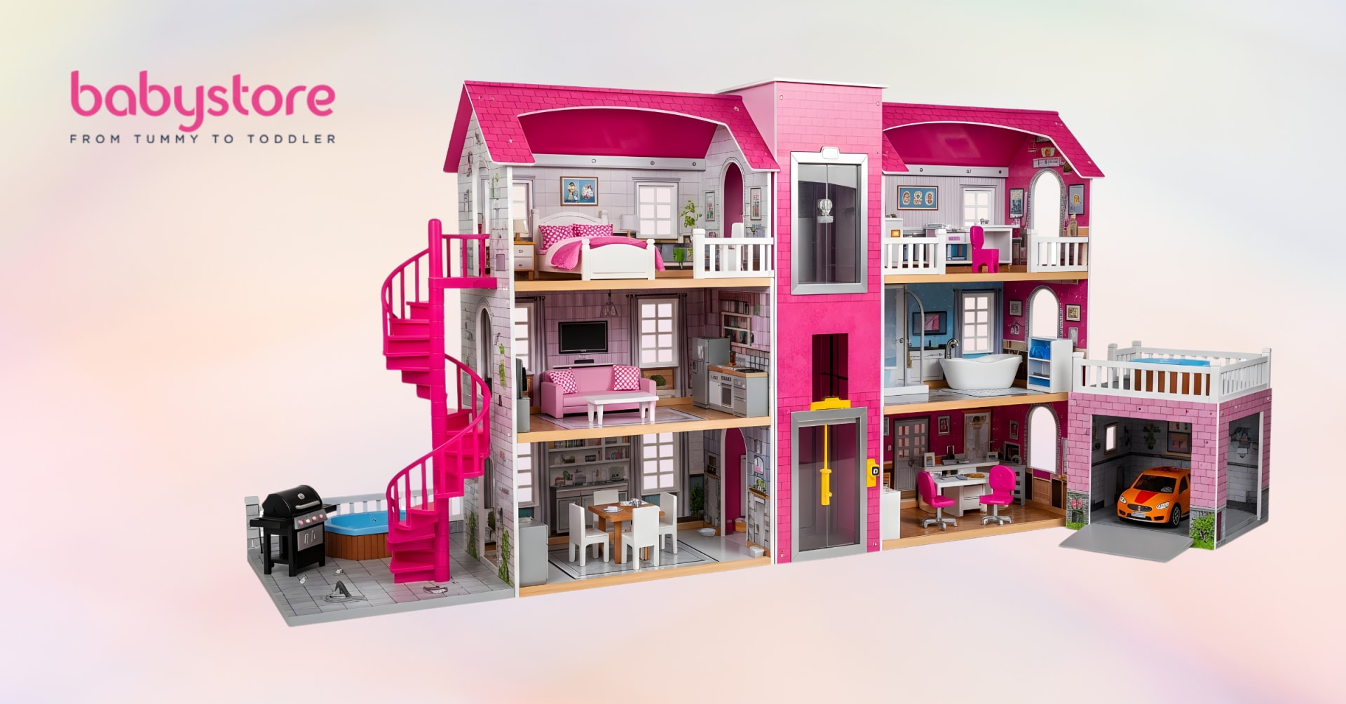 Homepage banners and product ads for BabyStore (2025) — Product ad, 1200×628 — pink dollhouse