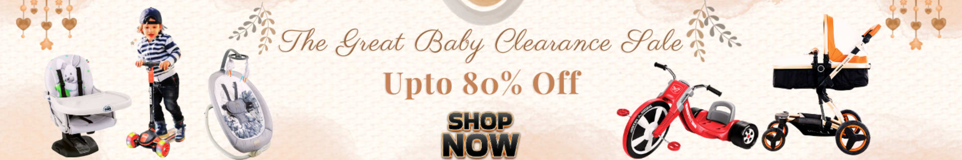 Homepage banners and product ads for BabyStore (2025) — Banner strip — “The Great Baby Clearance Sale”, up to 80% off