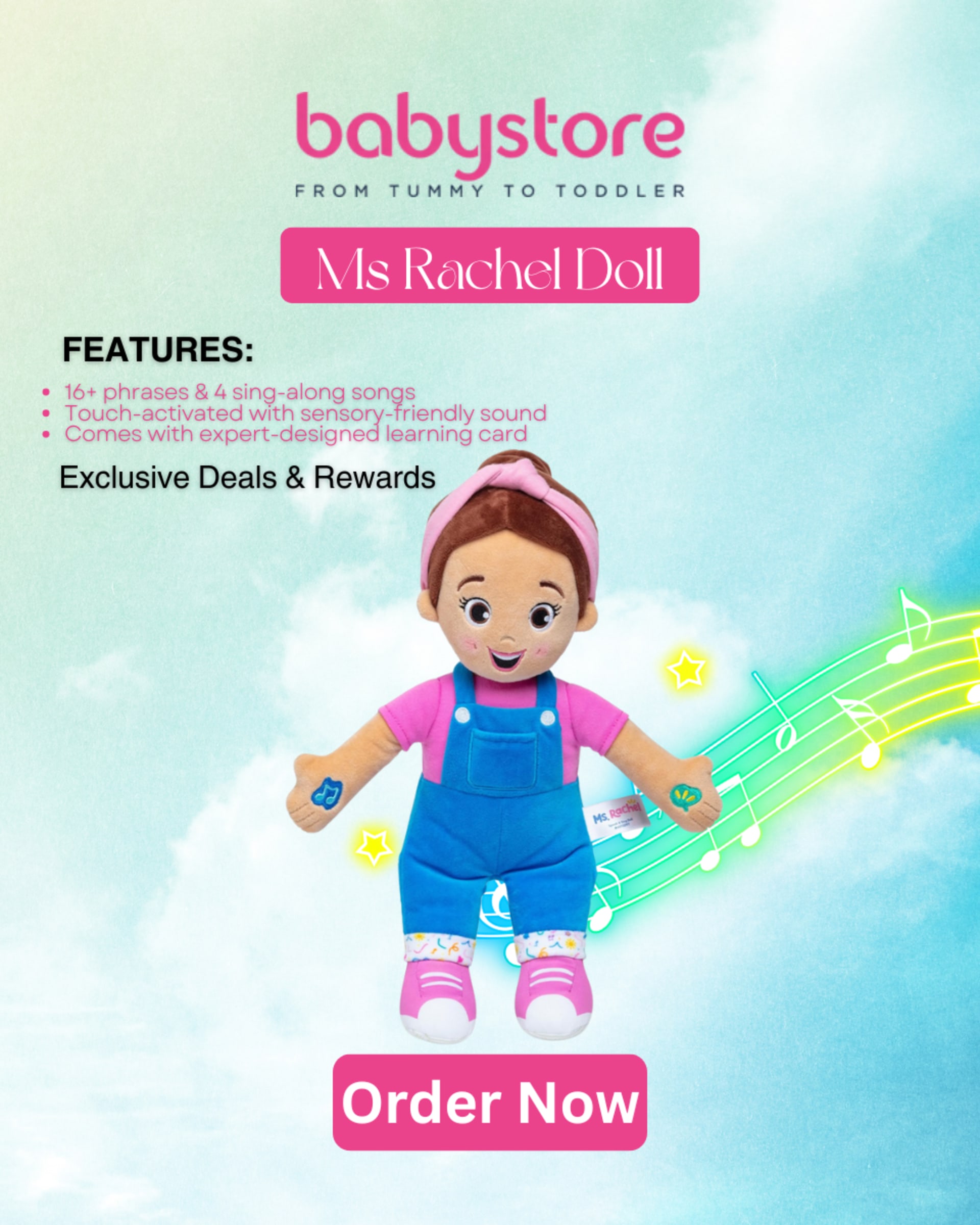 Homepage banners and product ads for BabyStore (2025) — Product ad, 960×1200 — Ms. Rachel doll, “Order now”