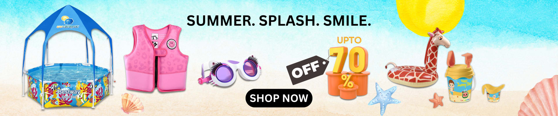 Homepage banners and product ads for BabyStore (2025) — Homepage banner — “Summer. Splash. Smile.”, up to 70% off