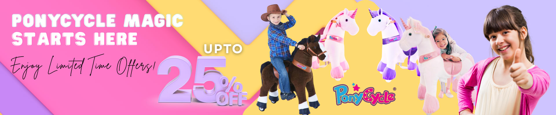 Homepage banners and product ads for BabyStore (2025) — Homepage banner — PonyCycle, up to 25% off