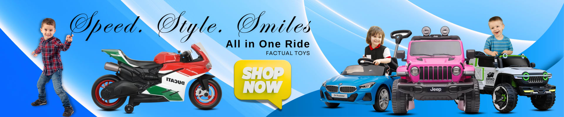 Homepage banners and product ads for BabyStore (2025) — Homepage banner — ride-on cars, “Speed, style, smiles”