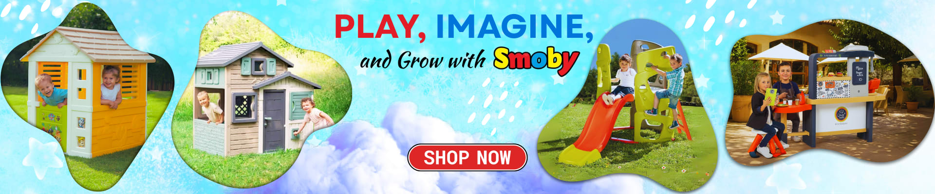 Homepage banners and product ads for BabyStore (2025) — Homepage banner — Smoby, “Play, imagine and grow”