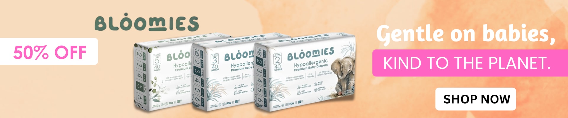 Homepage banners and product ads for BabyStore (2025) — Homepage banner — Bloomies, 50% off