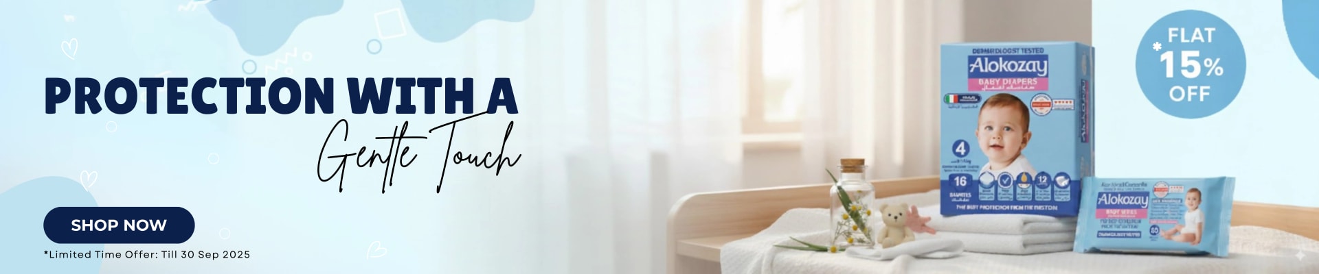 Homepage banners and product ads for BabyStore (2025) — Homepage banner — Alokozay, “Protection with a gentle touch”