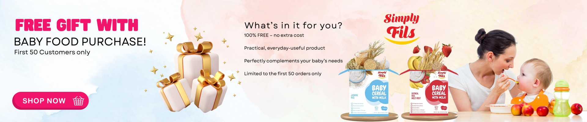 Homepage banners and product ads for BabyStore (2025) — Homepage banner — Simply Fils, free gift with baby food