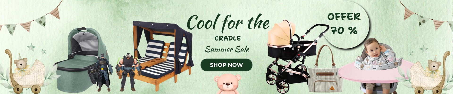 Homepage banners and product ads for BabyStore (2025) — Homepage banner — “Cool for the cradle” summer sale