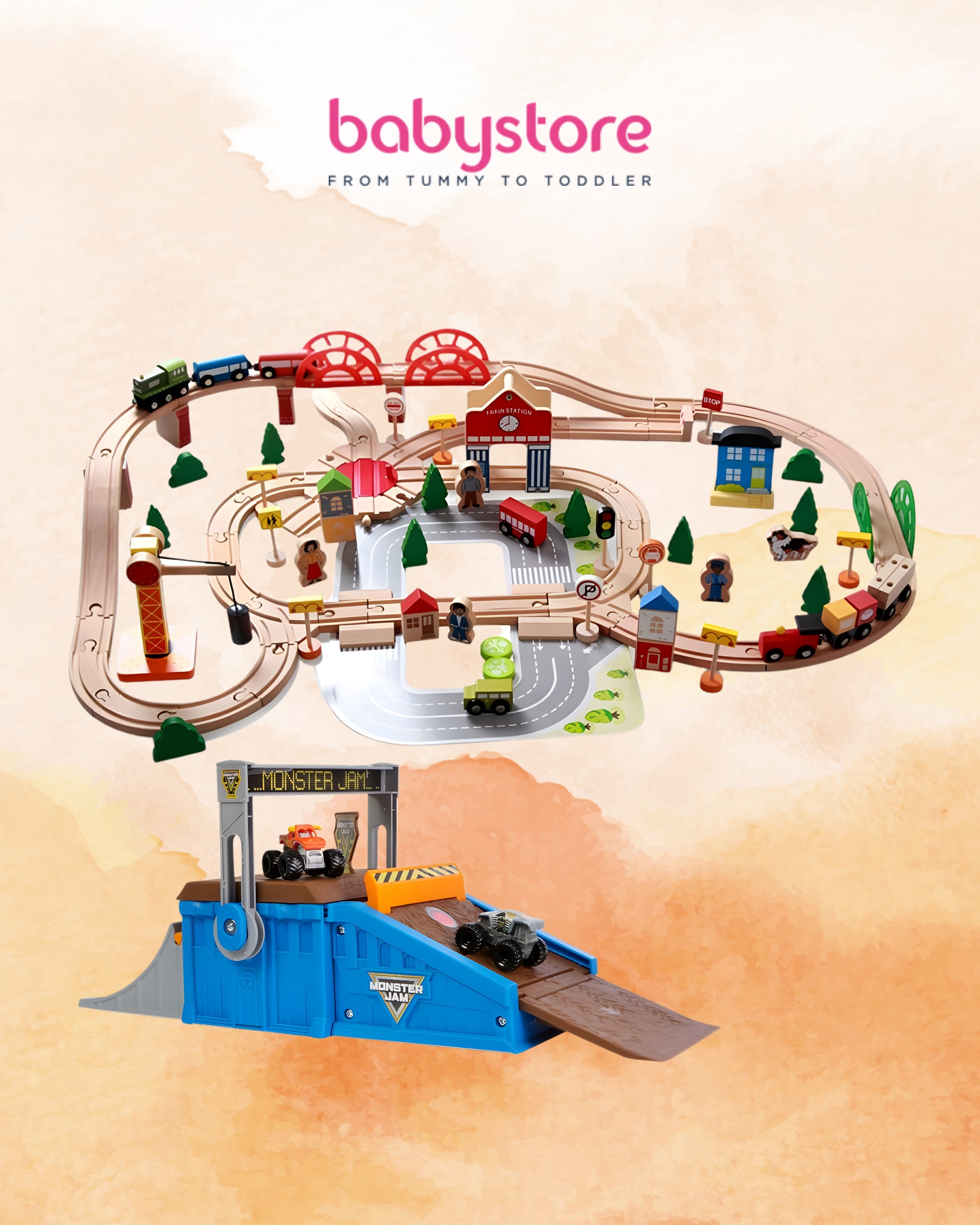 Homepage banners and product ads for BabyStore (2025) — Product ad, 960×1200 — wooden train set