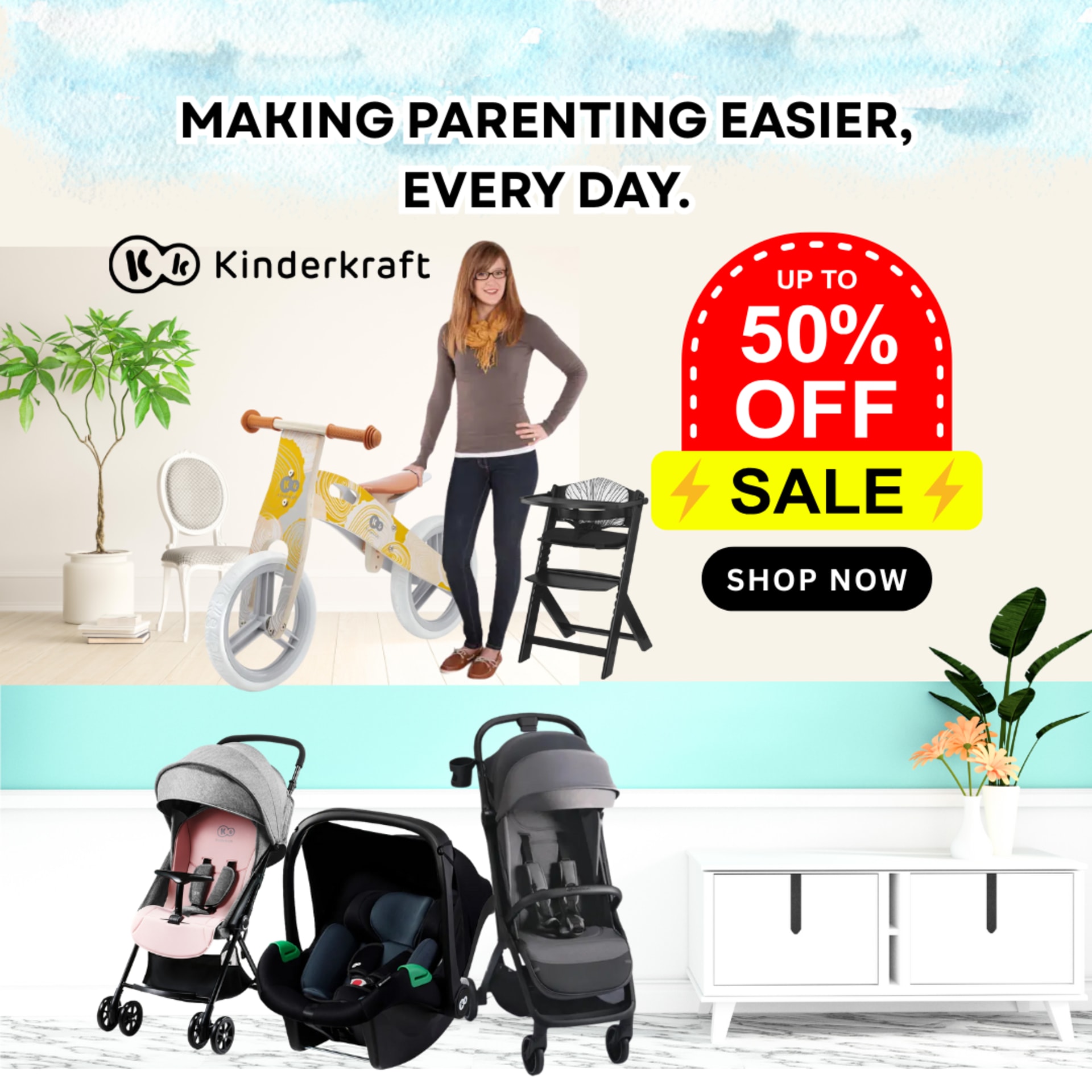 Summer to back-to-school social campaigns for BabyStore (2025) — Kinderkraft — “Making parenting easier, every day”, up to 50% off