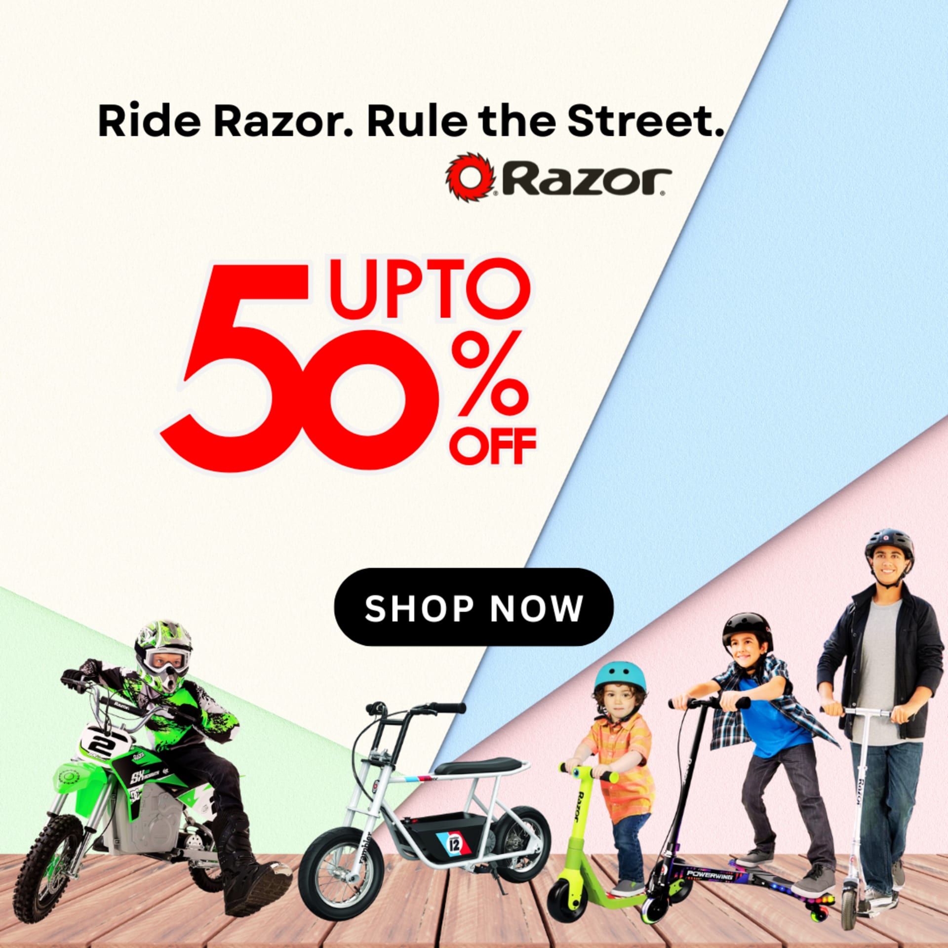 Summer to back-to-school social campaigns for BabyStore (2025) — Razor — “Ride Razor. Rule the street.”, up to 50% off