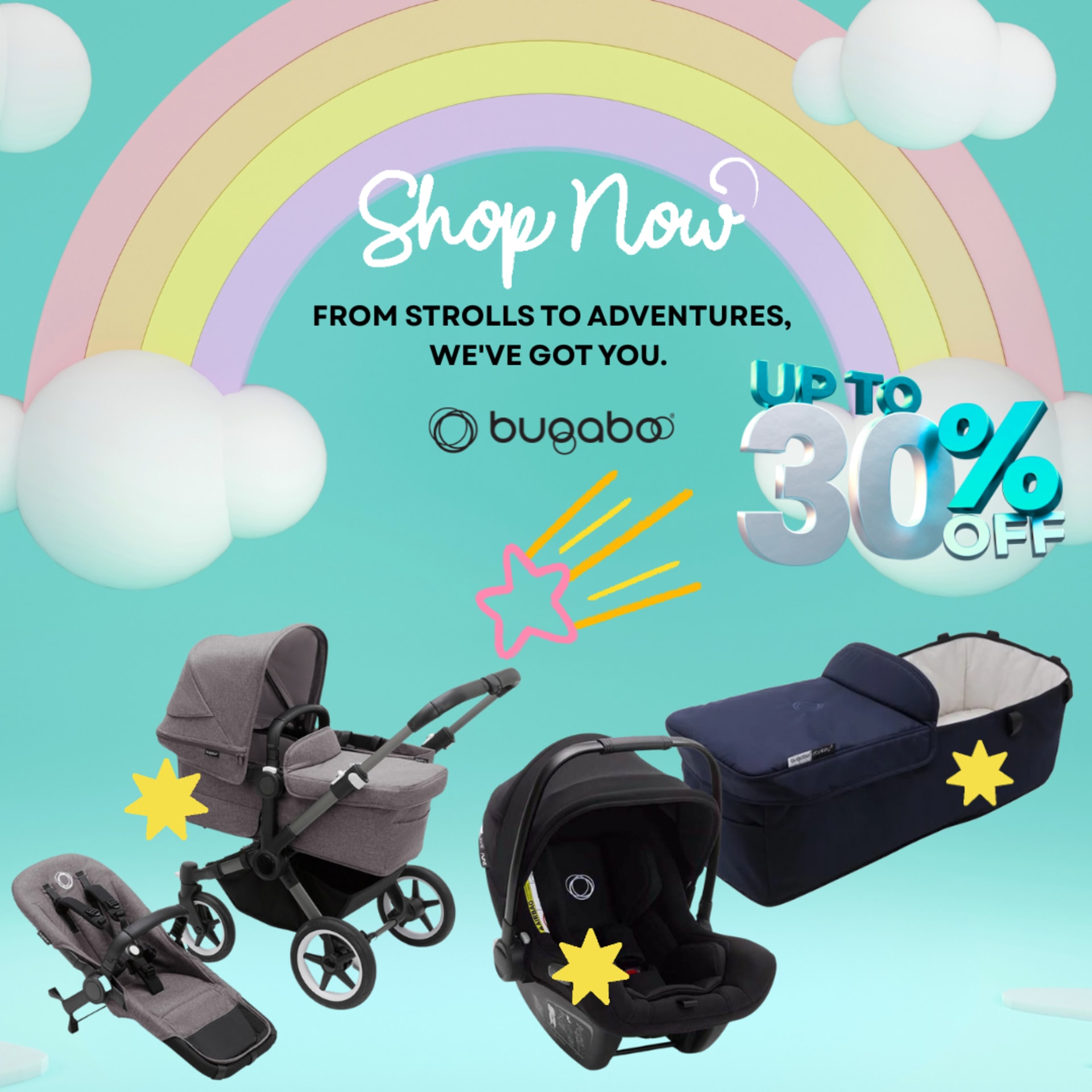 Summer to back-to-school social campaigns for BabyStore (2025) — Bugaboo strollers — “From strolls to adventures”, up to 30% off