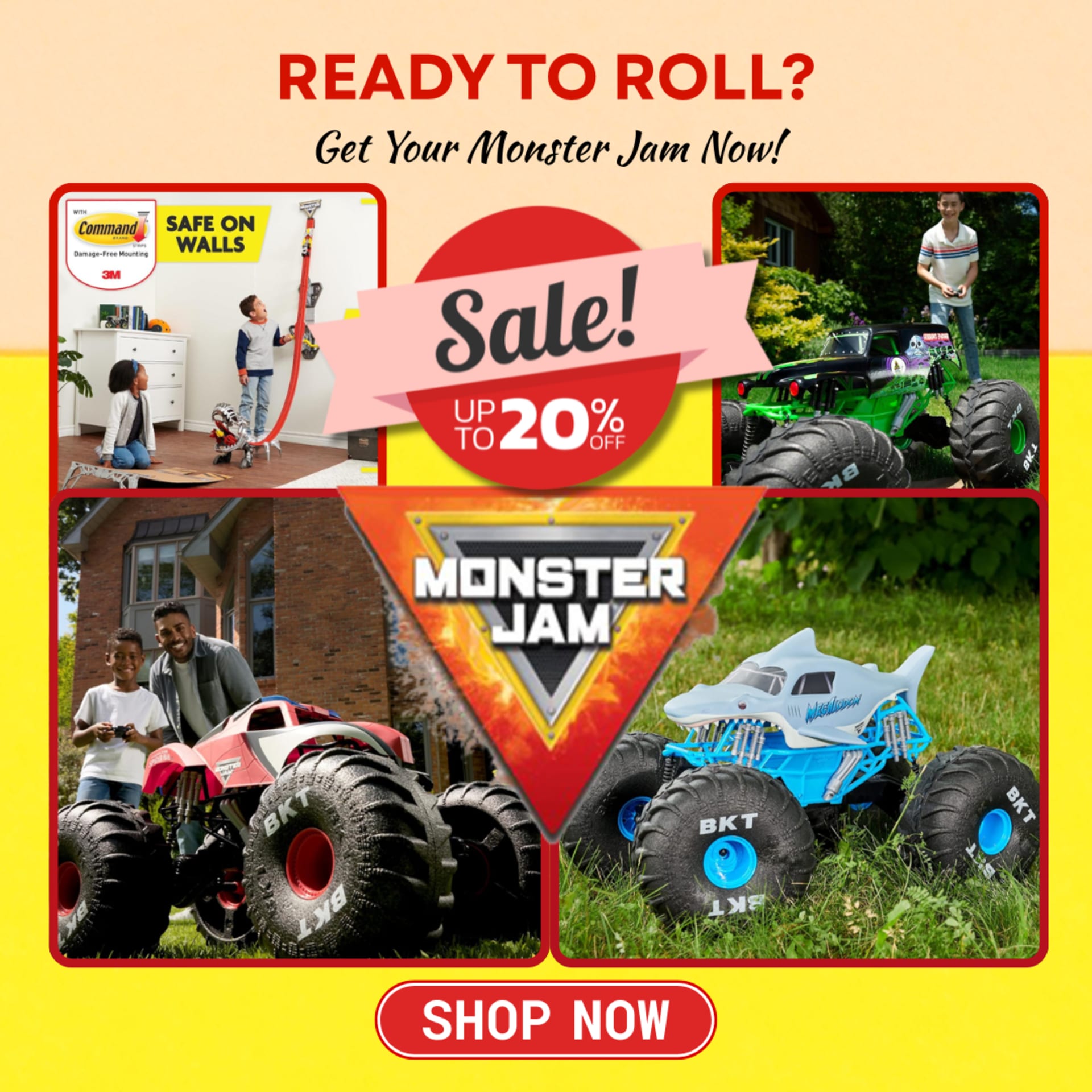 Summer to back-to-school social campaigns for BabyStore (2025) — Monster Jam toys — “Ready to roll?”, up to 20% off