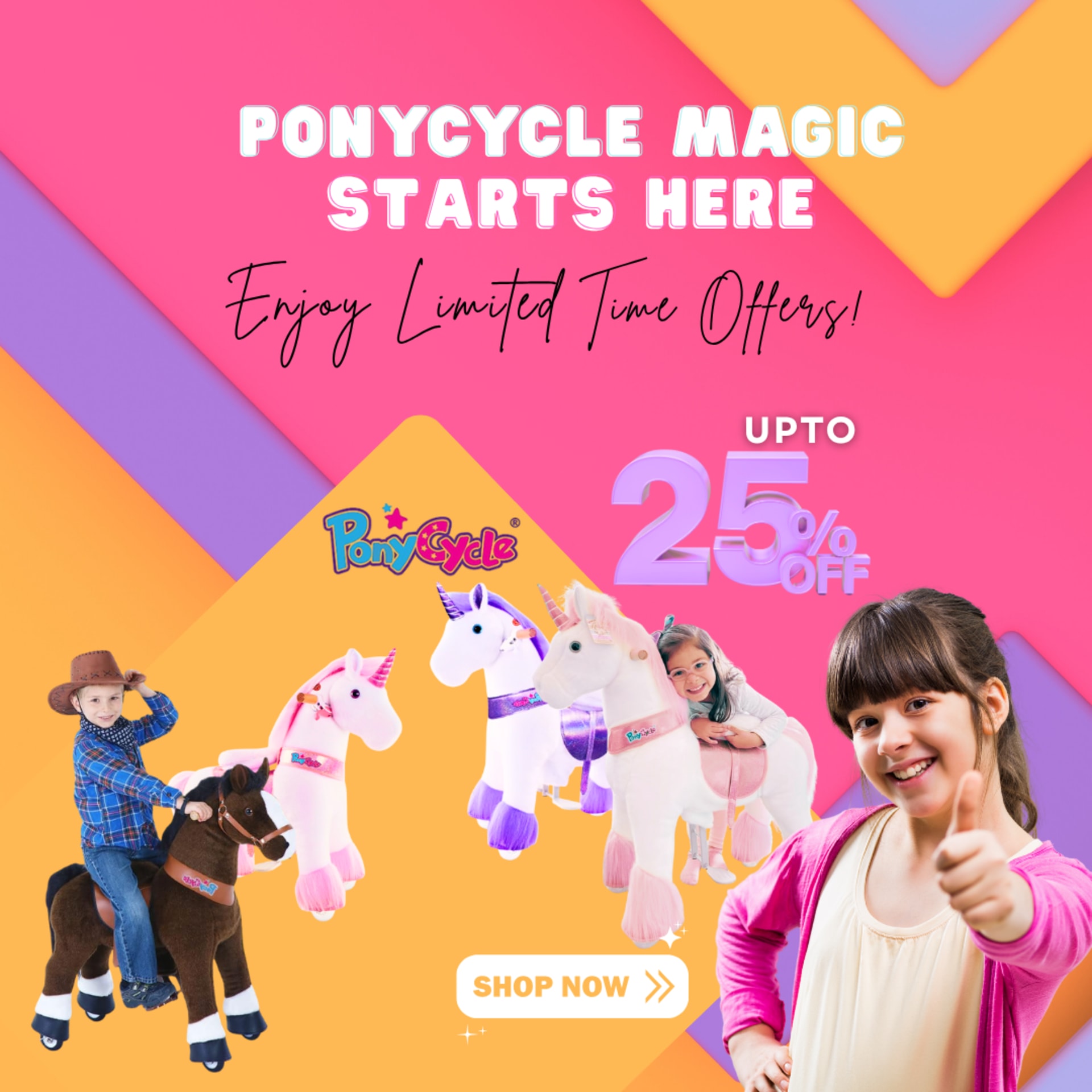 Summer to back-to-school social campaigns for BabyStore (2025) — PonyCycle ride-on horses — “Ponycycle magic starts here”, up to 25% off