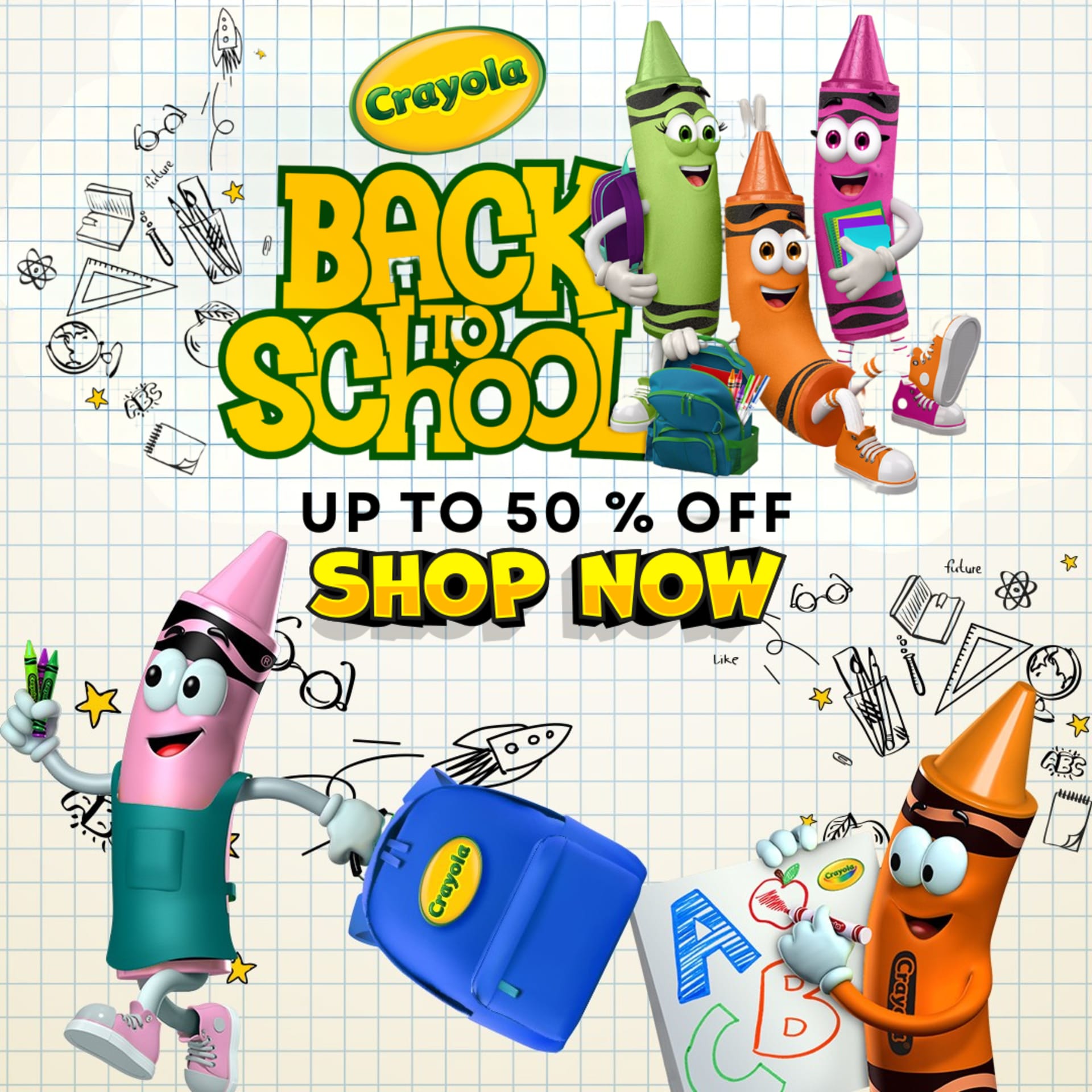 Summer to back-to-school social campaigns for BabyStore (2025) — Crayola Back to School — illustrated crayon characters, up to 50% off