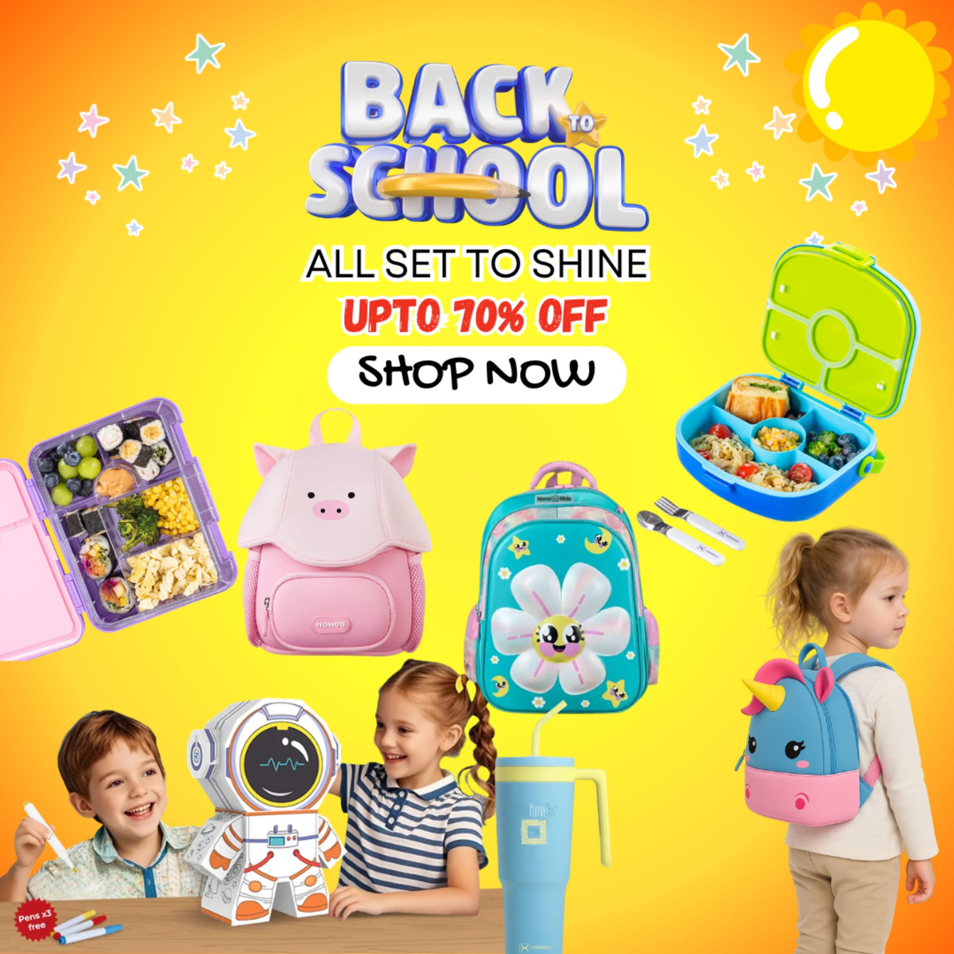 Summer to back-to-school social campaigns for BabyStore (2025) — Back to School — “All set to shine”, up to 70% off