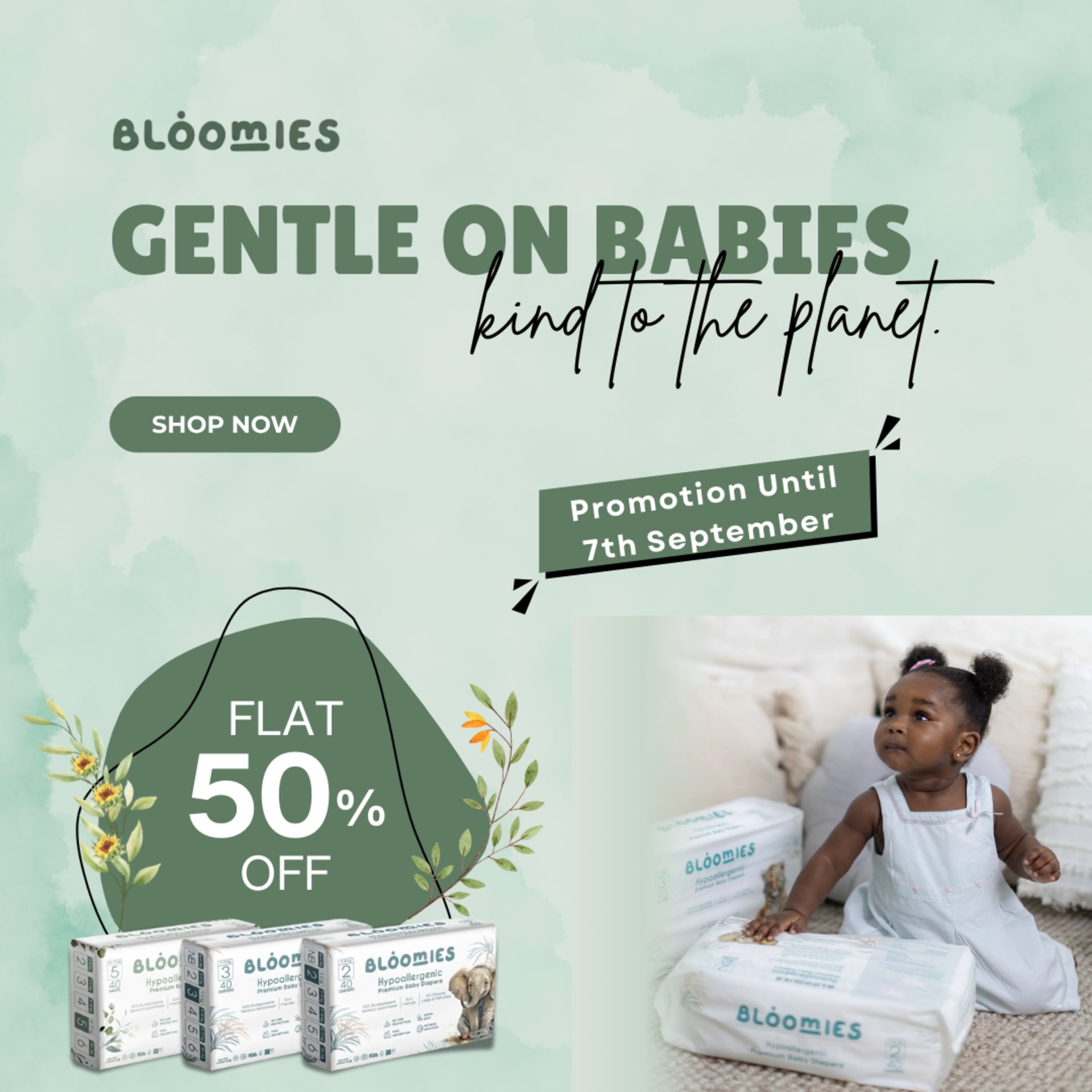 Summer to back-to-school social campaigns for BabyStore (2025) — Bloomies diapers — “Gentle on babies, kind to the planet”