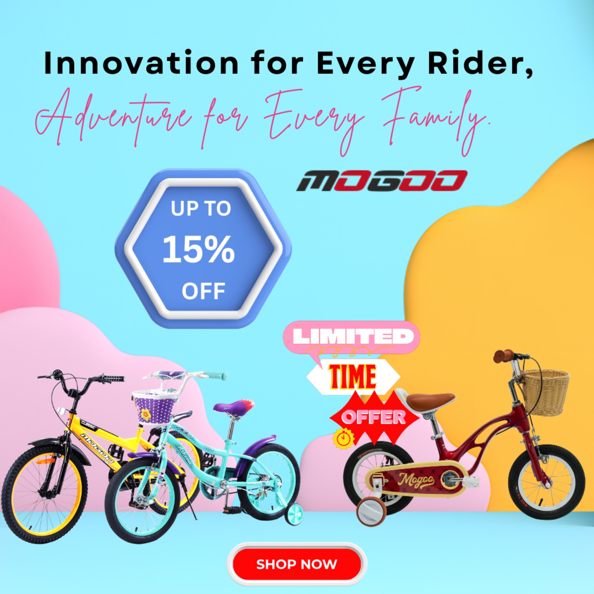 Summer to back-to-school social campaigns for BabyStore (2025) — MOGOO bikes — “Innovation for every rider”, up to 15% off