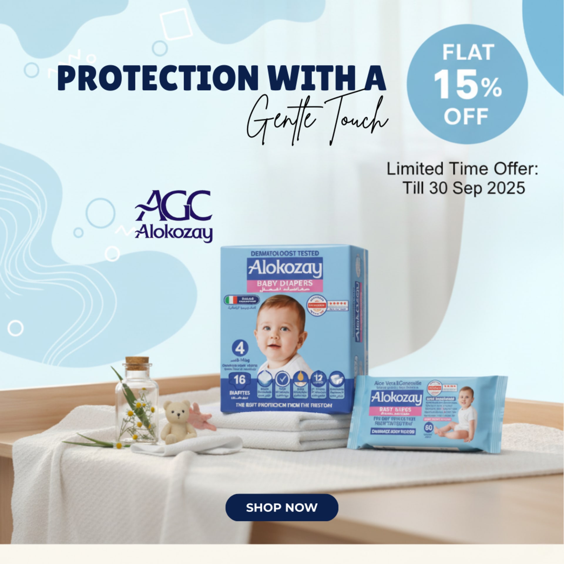 Summer to back-to-school social campaigns for BabyStore (2025) — Alokozay diapers — “Protection with a gentle touch”, flat 15% off