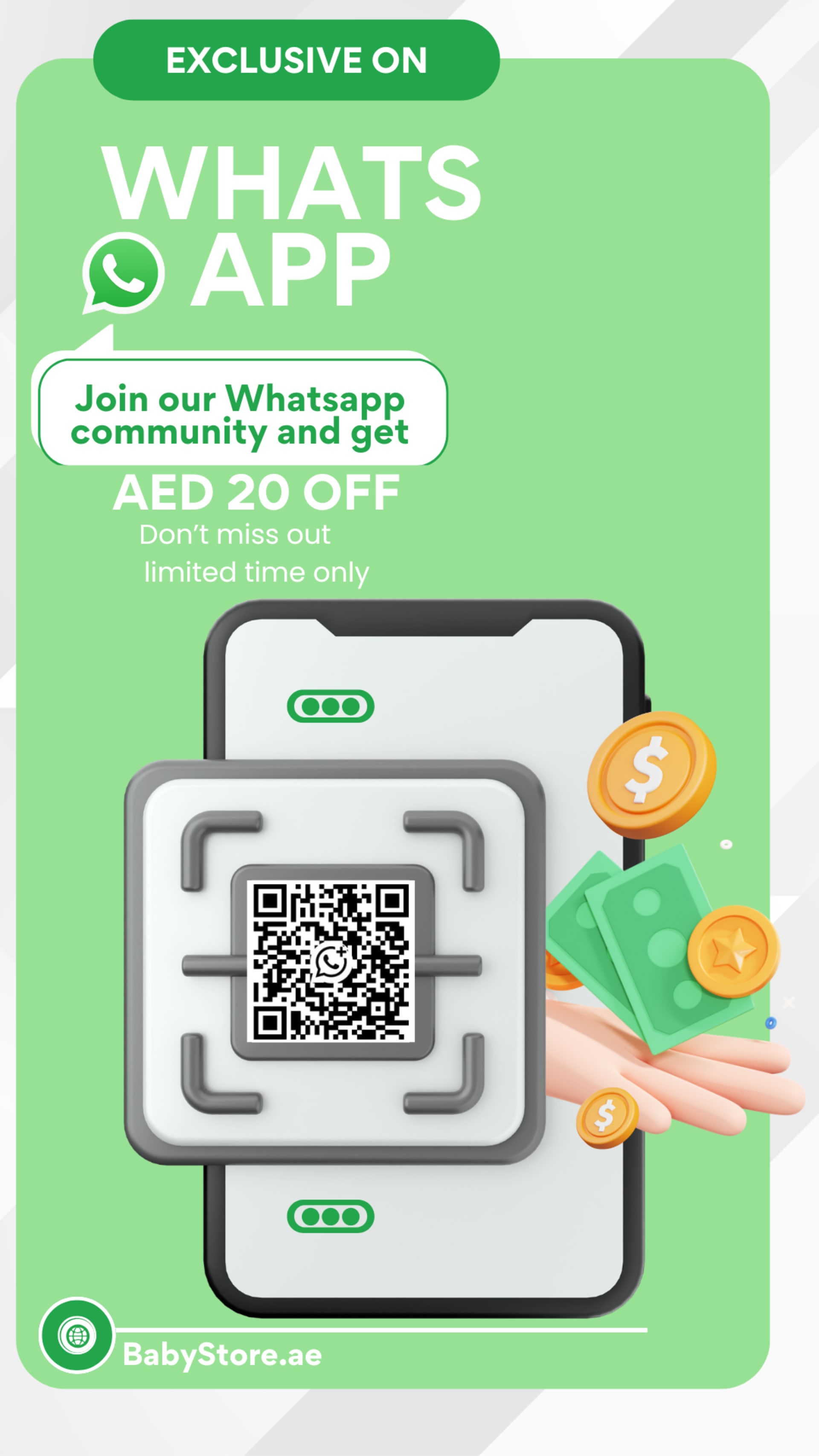 Summer to back-to-school social campaigns for BabyStore (2025) — Story — babystore WhatsApp community, AED 20 off