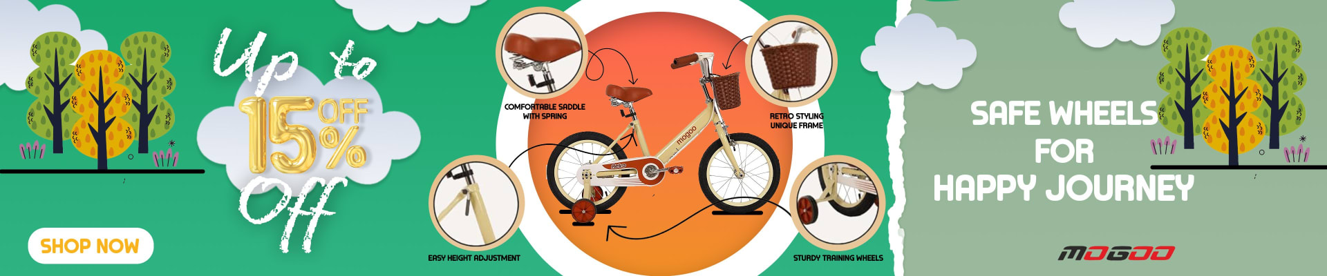 Homepage banners and product ads for BabyStore (2025) — Homepage banner — MOGOO bikes, “Safe wheels for happy journey”