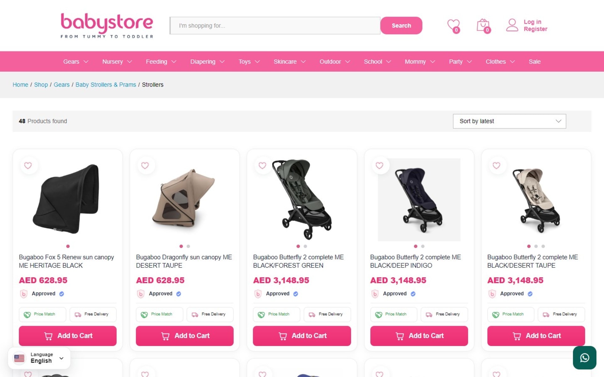 WooCommerce store for Babystore, a Dubai baby and kids shop, Category page: Strollers, 48 products with sorting