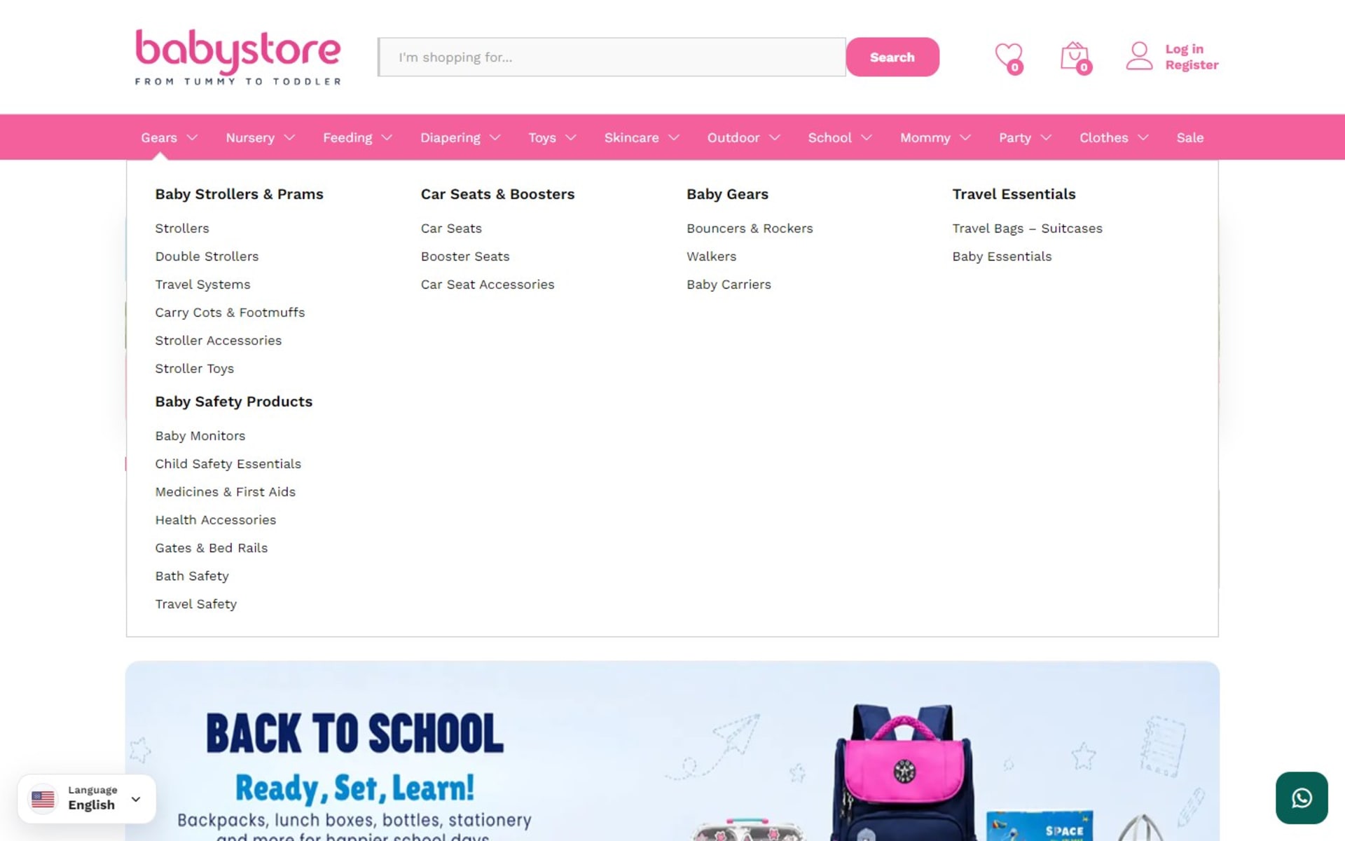 WooCommerce store for Babystore, a Dubai baby and kids shop, Mega menu: Gears opens onto strollers, car seats, baby gear, travel and safety