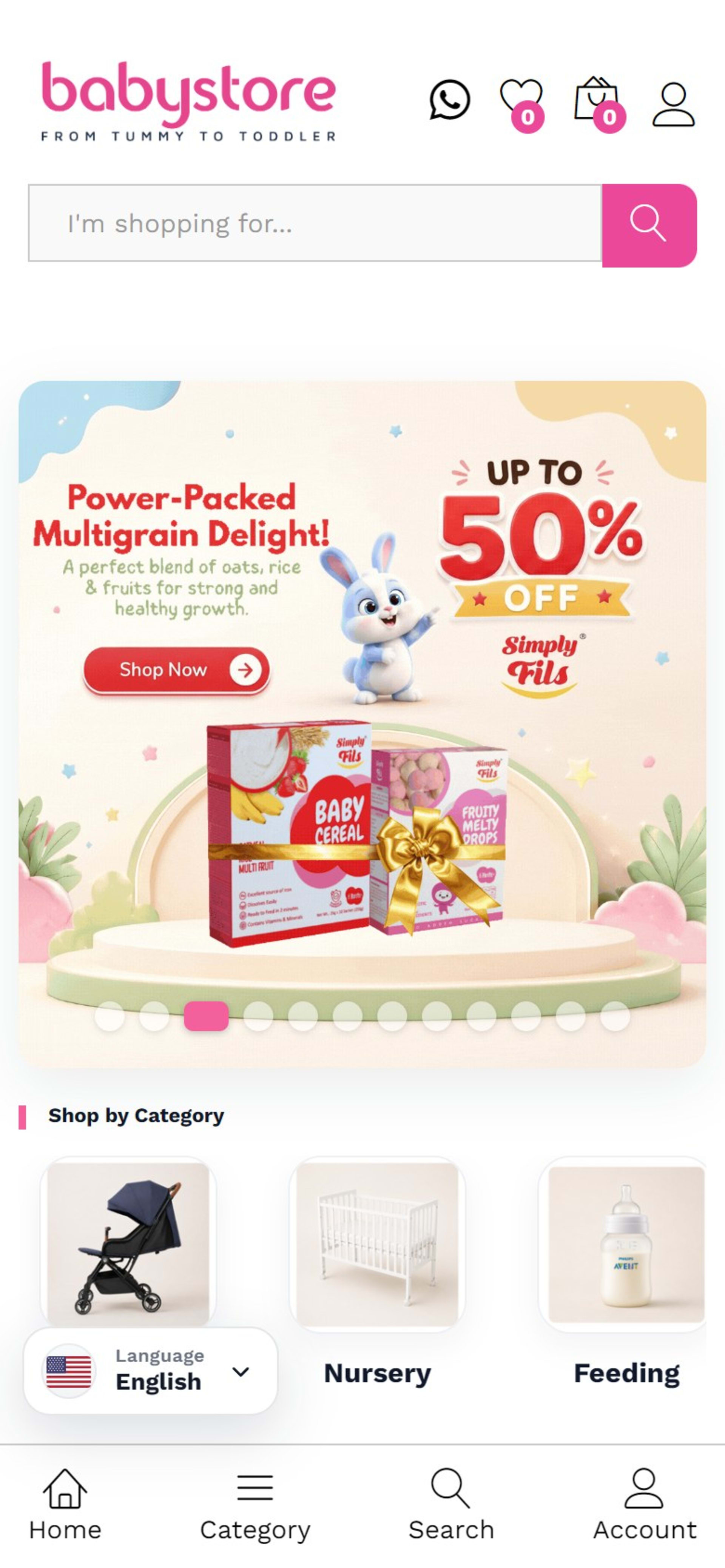 WooCommerce store for Babystore, a Dubai baby and kids shop, On a phone: bottom tab bar for Home, Category, Search and Account