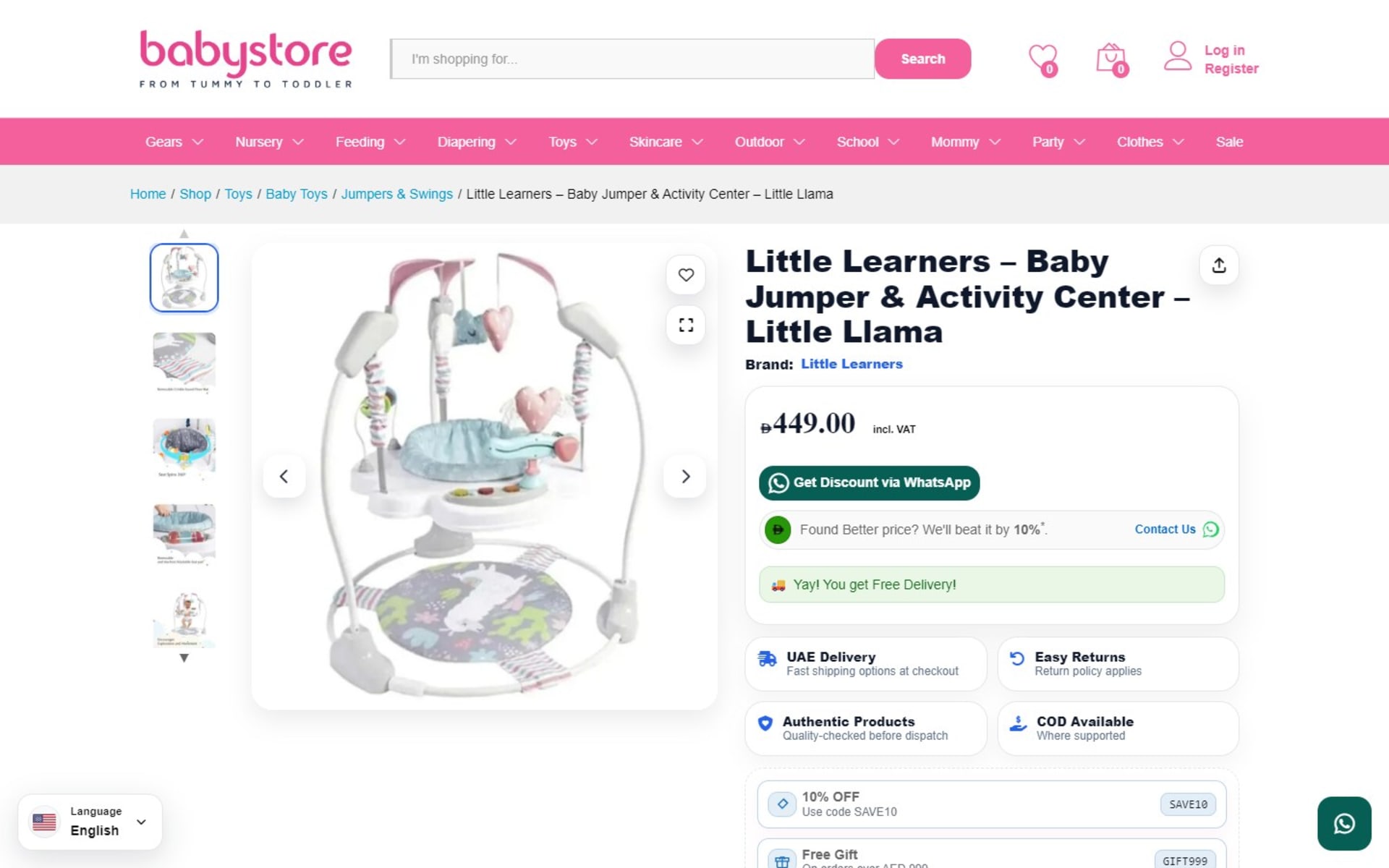 WooCommerce store for Babystore, a Dubai baby and kids shop, Product page: WhatsApp discount, price-beat offer, coupons and delivery promises