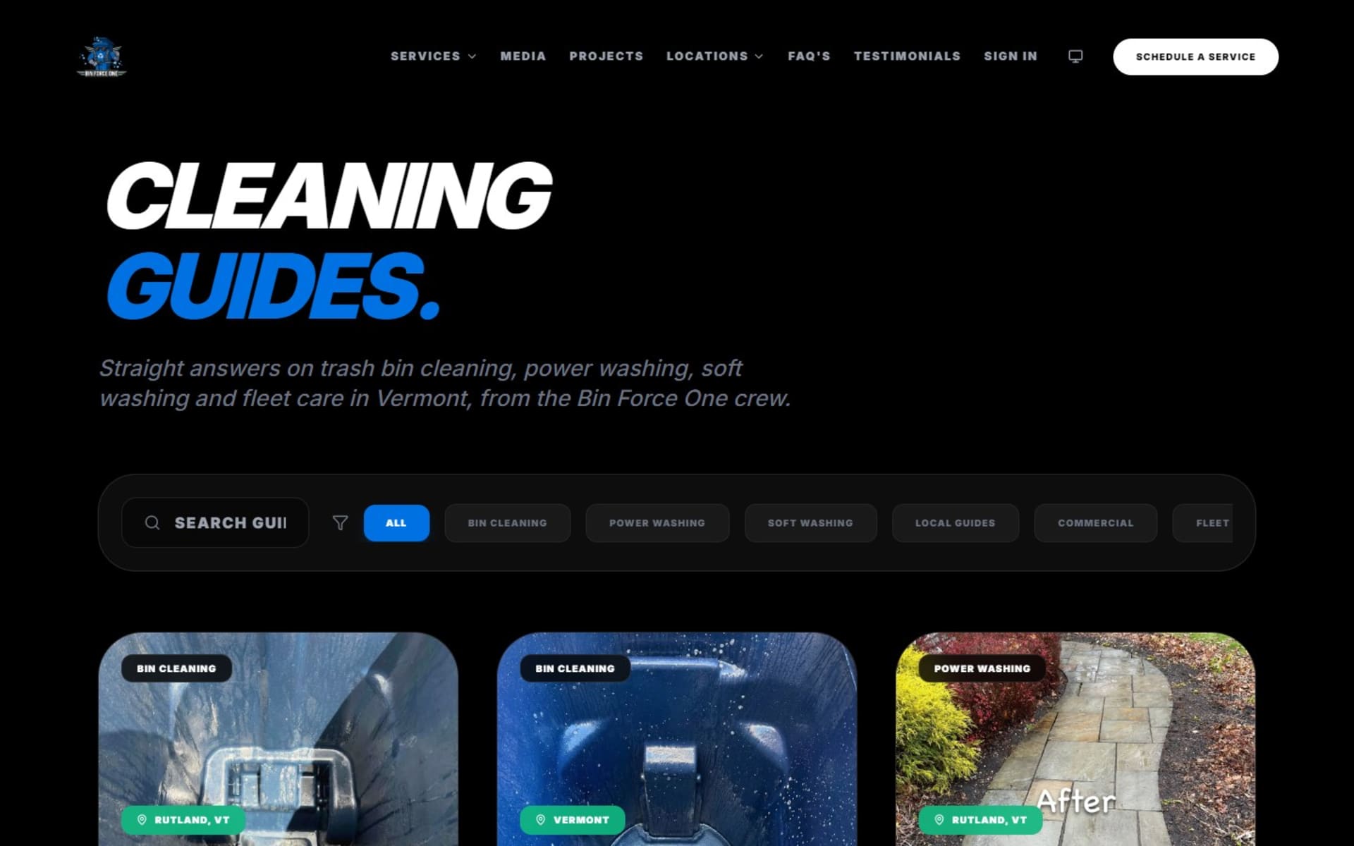 React website and online booking for Bin Force One in Vermont, Cleaning guides: search, category filters and cards tagged by service and town