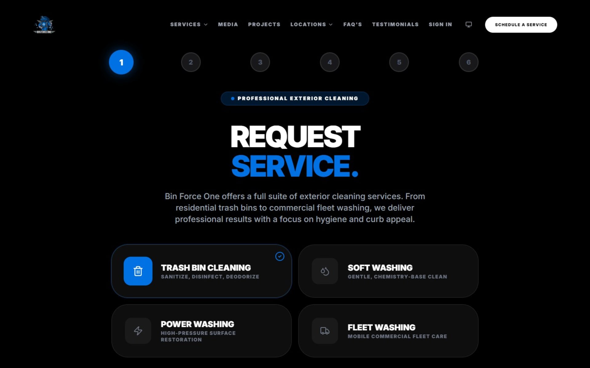 React website and online booking for Bin Force One in Vermont, Online booking: step one of six, choosing between four services
